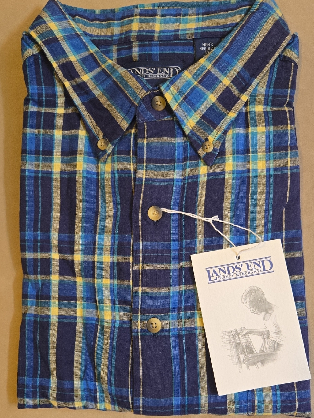 Lands' End Men's Navy, Blue & Yellow Plaid Button-Down Shirt